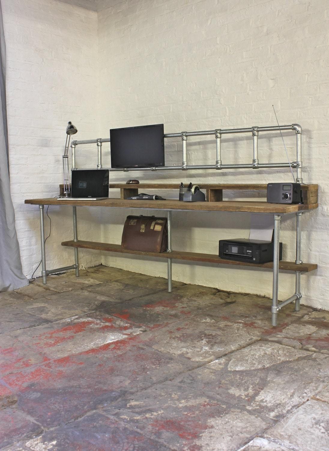 Douglas Reclaimed Scaffolding Board Industrial Style Desk With Built In Storage Section, Overhead Monitor Mounting Rails And Under Shelf photo furniture