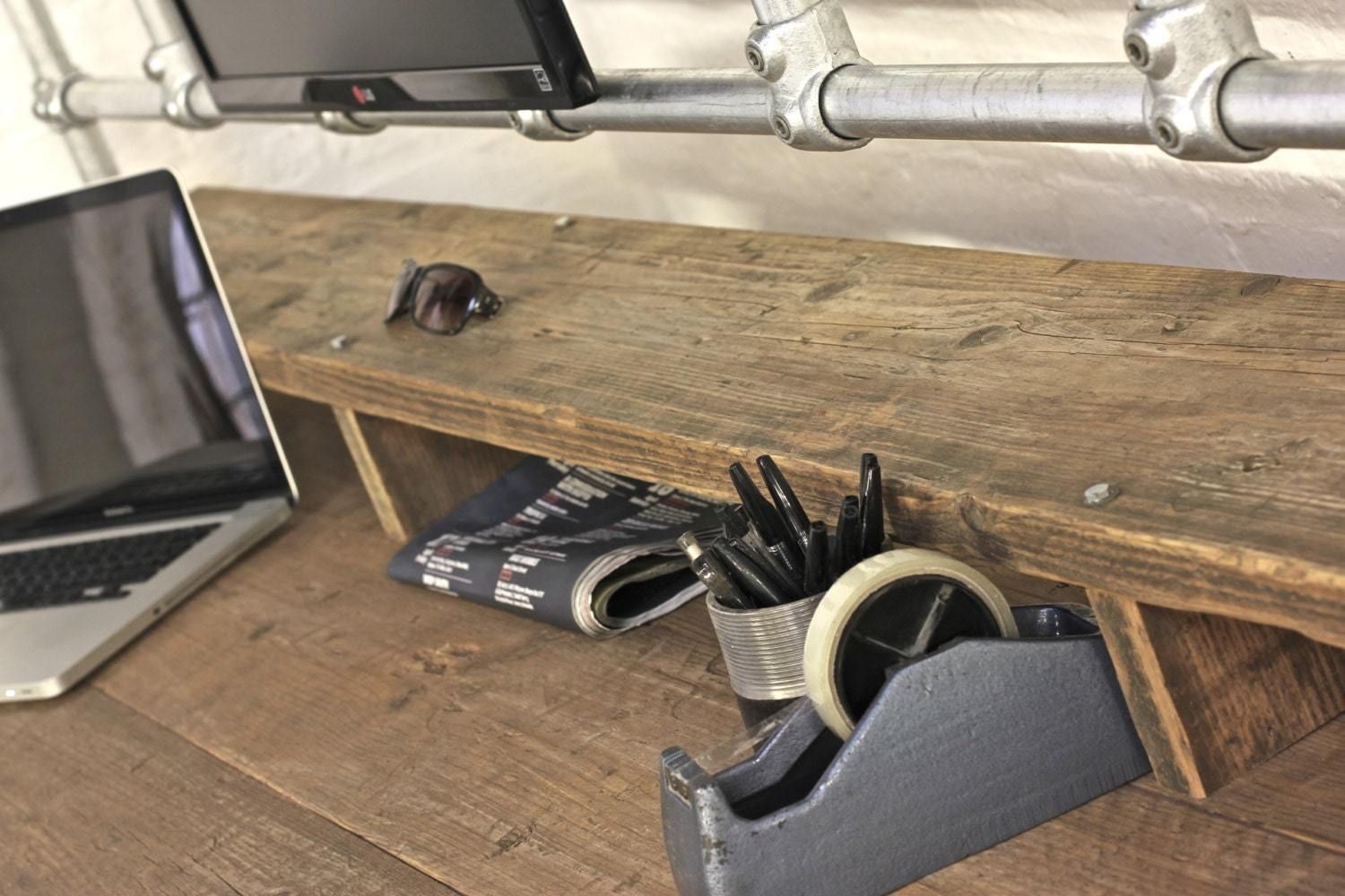 Douglas Reclaimed Scaffolding Board Industrial Style Desk With Built In Storage Section, Overhead Monitor Mounting Rails And Under Shelf photo Furniture