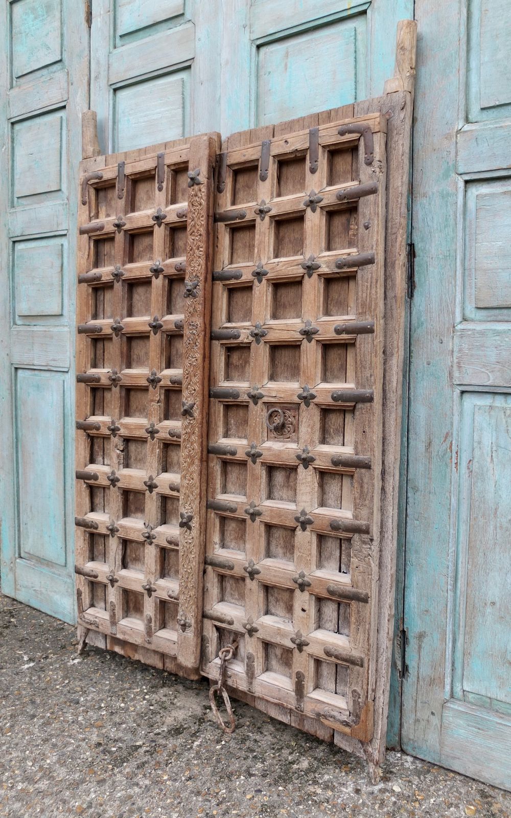 A Stunning Pair Of Large Antique Indian Studded Panelled Wooden Doors photo 1950.0