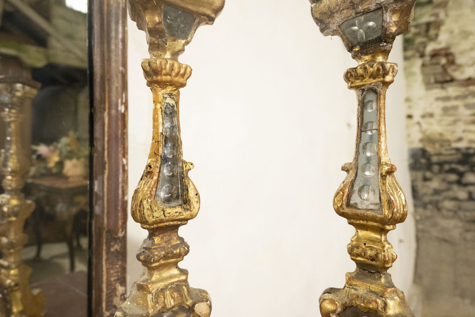 A Pair Of 18th Century Gilded & Mirrored Glass Venetian Altar Candlesticks photo furniture