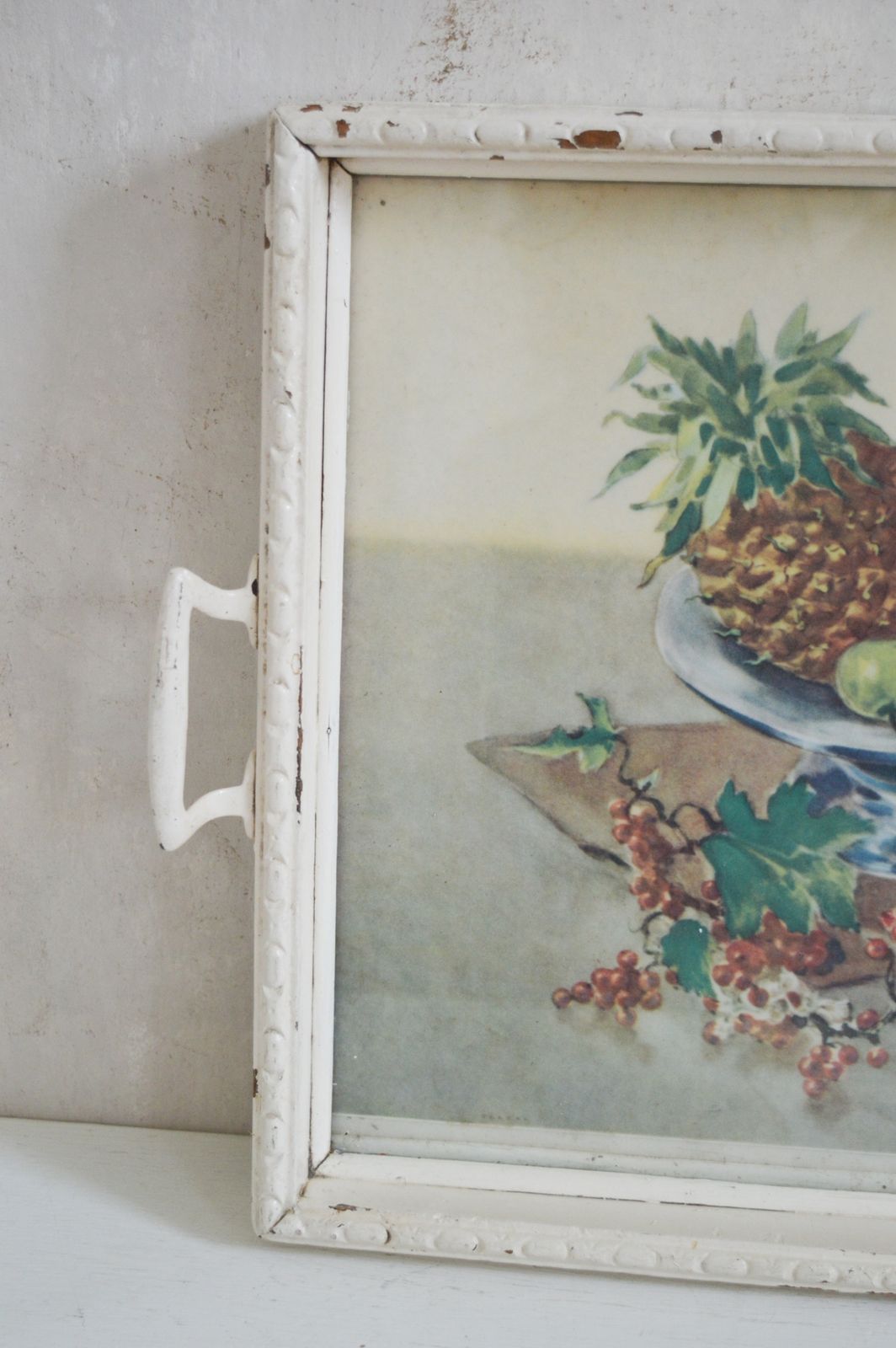 Rare Shabby Chic Hand Made Serving Tray, Large Heavy White Wood Glass Insert, Art Print Still Life Fruit  50x 33cm photo for sale