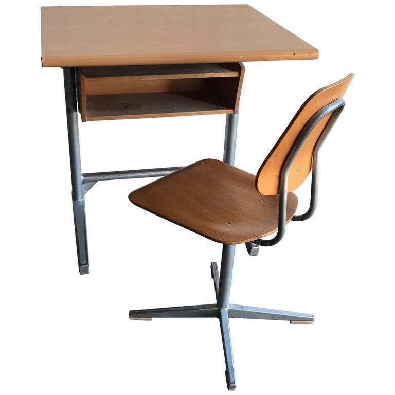 Embru Original 1960s Swiss Made School Bench, Desk, Office Table And Chair