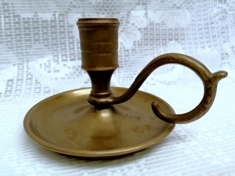Antique Brass Candle Stick Holder With Finger Loop photo for sale