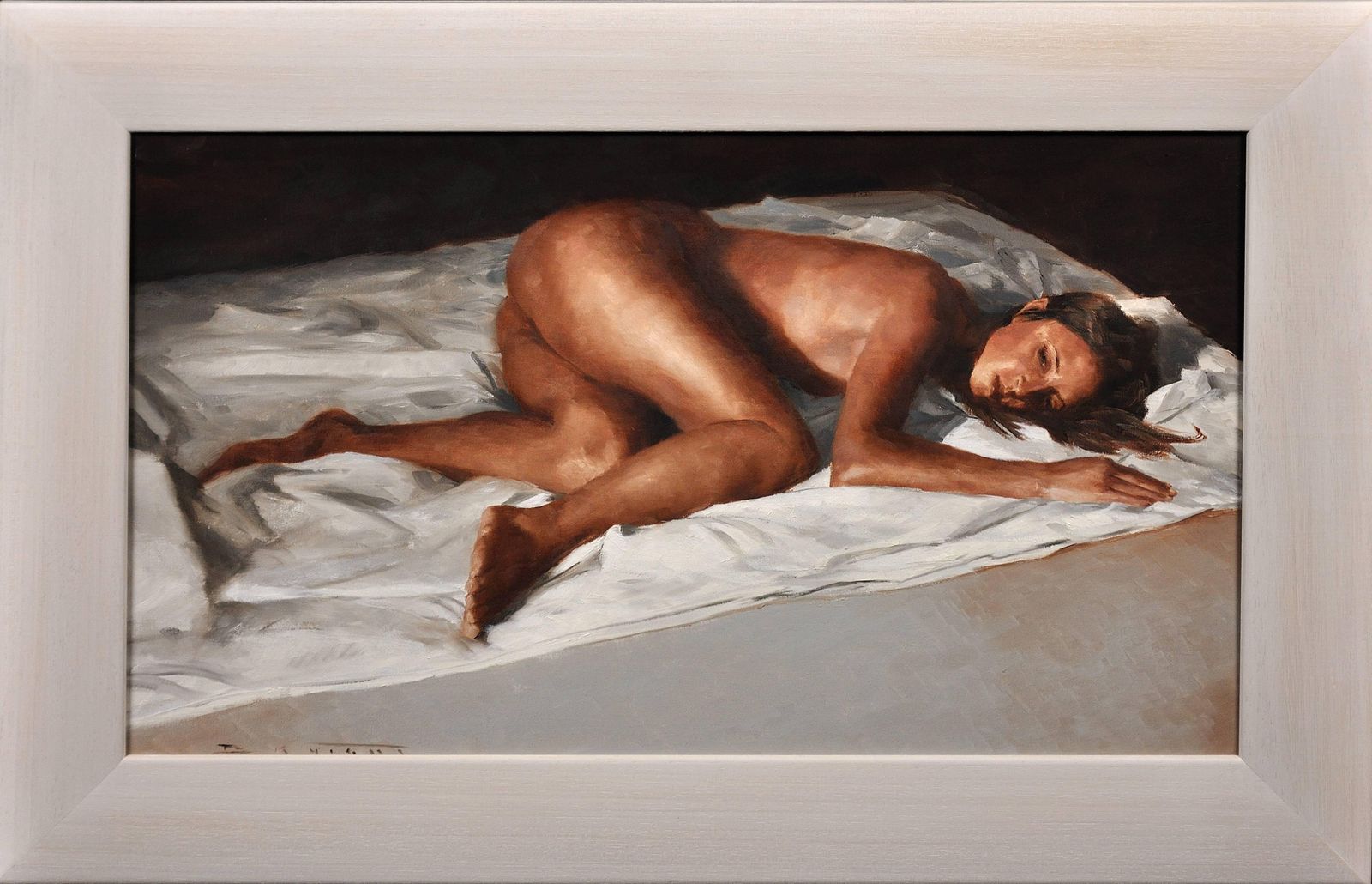 David Knight B.1965.  English. White Linen. Oil On Canvas. Framed. Reclining Female Nude Pose. Artist Lives & Works In Cardiff, Wales.