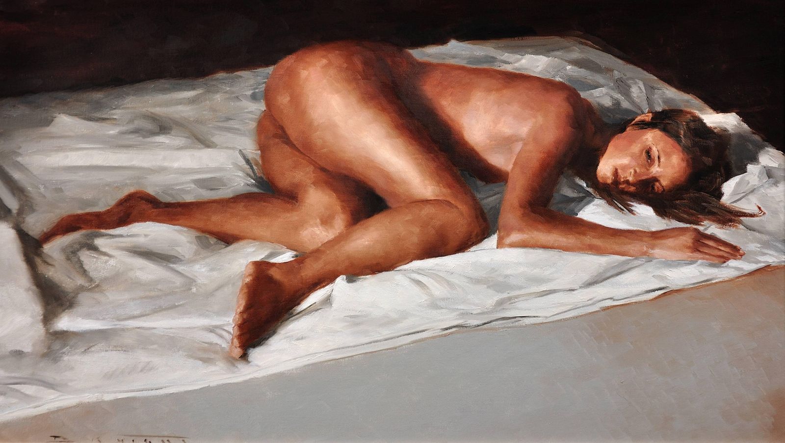 David Knight B.1965.  English. White Linen. Oil On Canvas. Framed. Reclining Female Nude Pose. Artist Lives & Works In Cardiff, Wales. photo furniture