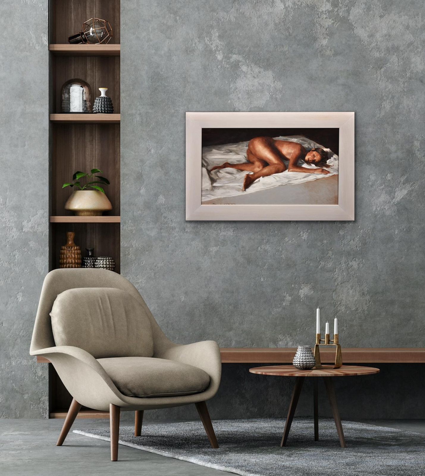 photo furniture David Knight B.1965.  English. White Linen. Oil On Canvas. Framed. Reclining Female Nude Pose. Artist Lives & Works In Cardiff, Wales.