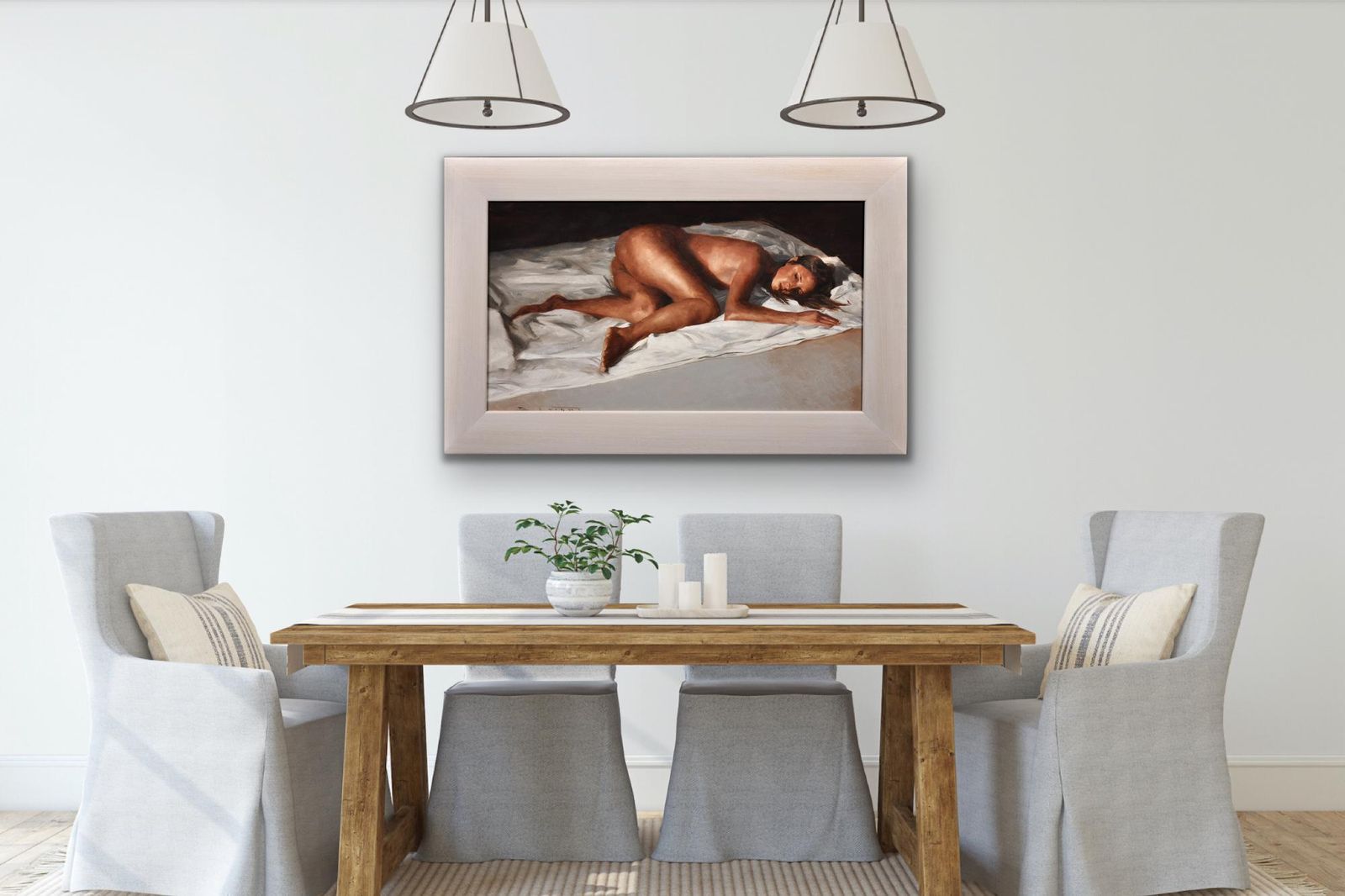 Art David Knight B.1965.  English. White Linen. Oil On Canvas. Framed. Reclining Female Nude Pose. Artist Lives & Works In Cardiff, Wales. photo