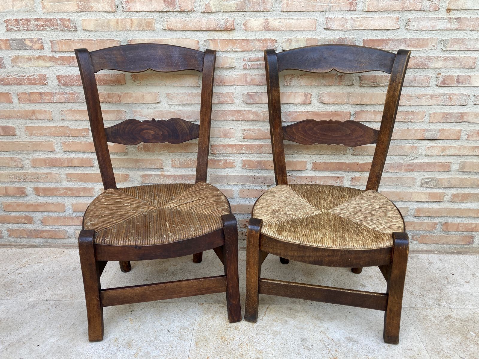 Mid Century French Oak And Rush Armchairs, Set Of 2 photo vinterior