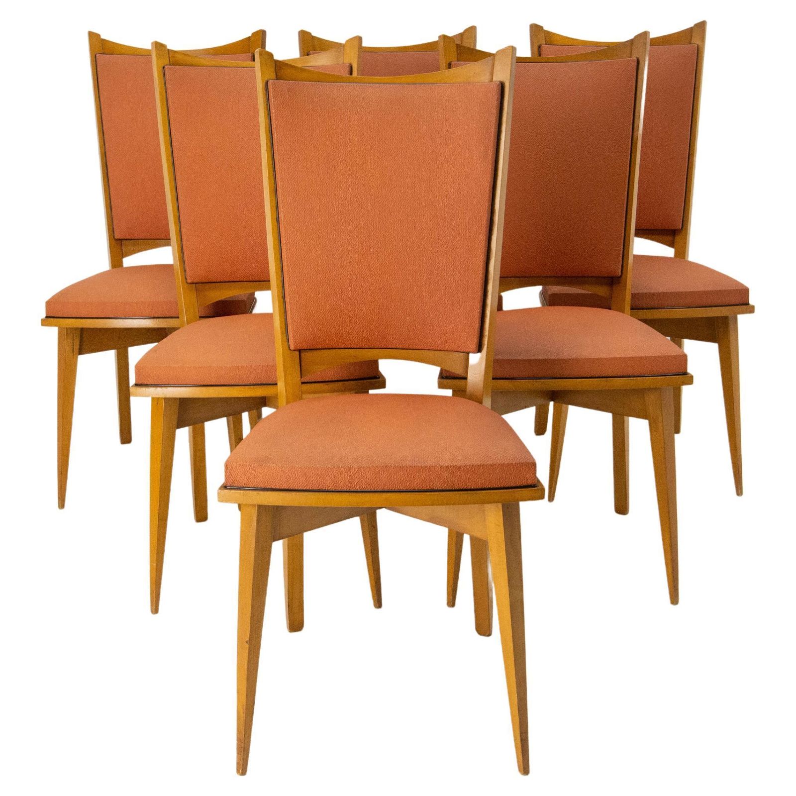 Six Dining Chairs Beech And Red Moleskine Midcentury French, Circa 1950