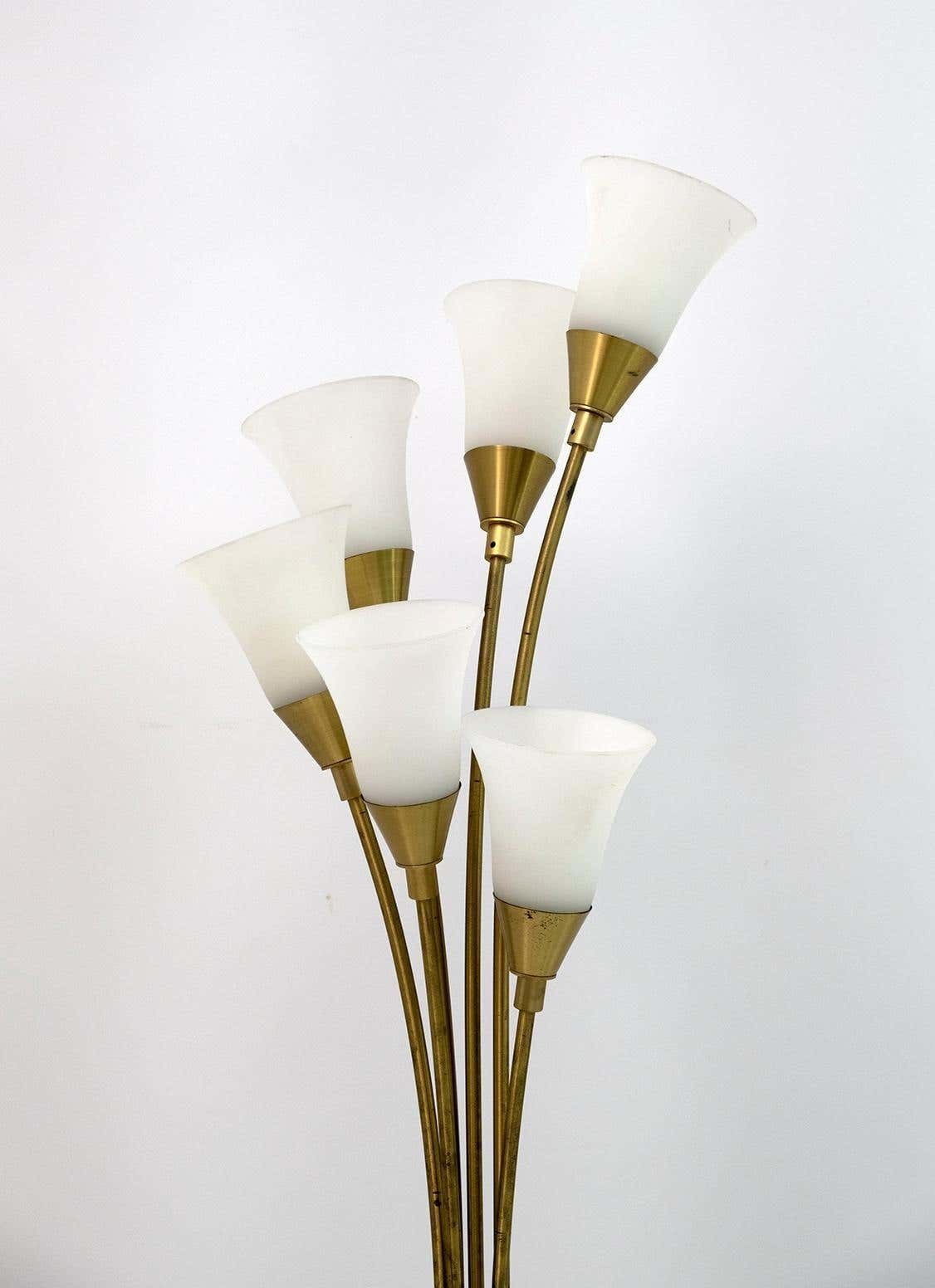 Mid Century Modern Italian Opaline Glass And Gilt Brass Tulip Floor Lamp, 60s photo 2128.0