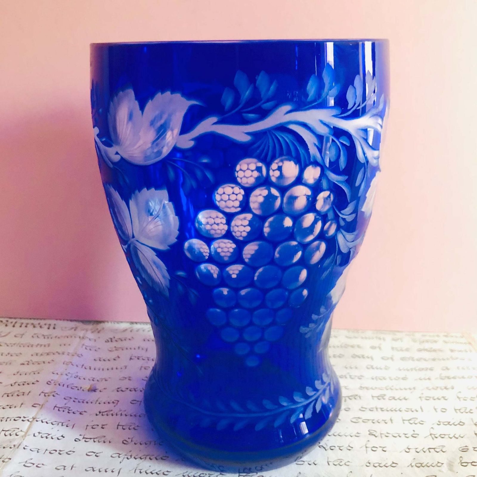 Vintage Blue Cut Glass Vase photo furniture