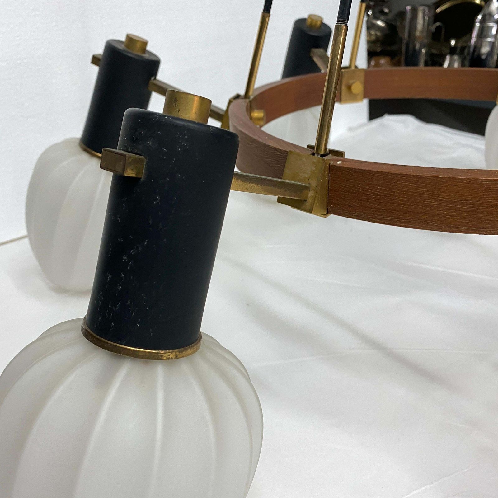 1960s Stilnovo Style Mid Century Modern Brass Teak And Glass Italian Chandelier photo vintage