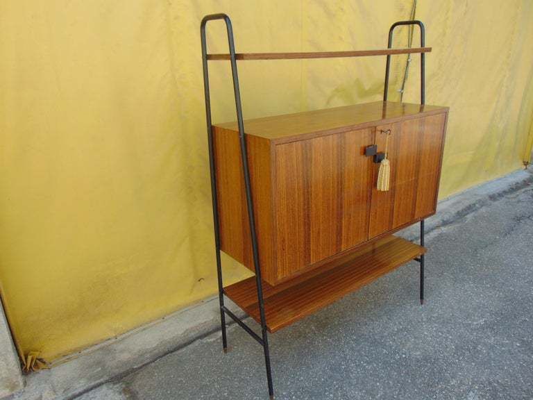 Midcentury Wooden And Black Metal Italian Wall Unit, 1950s photo furniture