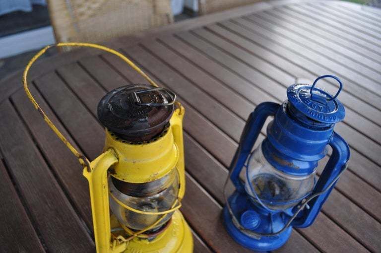 Yellow And Blue Oil Lamp ,Vintage Kerosene Lantern photo vinterior