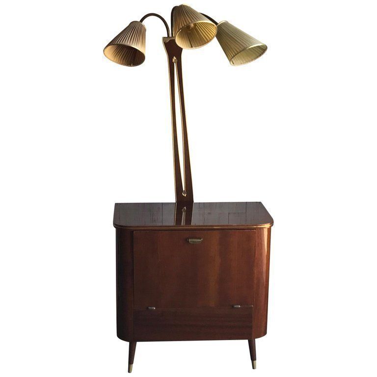 Art Deco 1950s Walnut Drinks Bar Cocktail Liquor Cabinet With Lamp Stand
