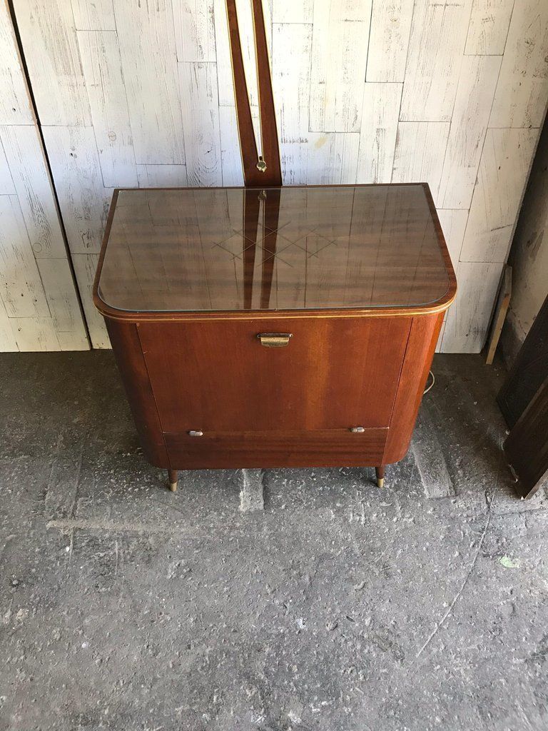 Art Deco 1950s Walnut Drinks Bar Cocktail Liquor Cabinet With Lamp Stand photo furniture