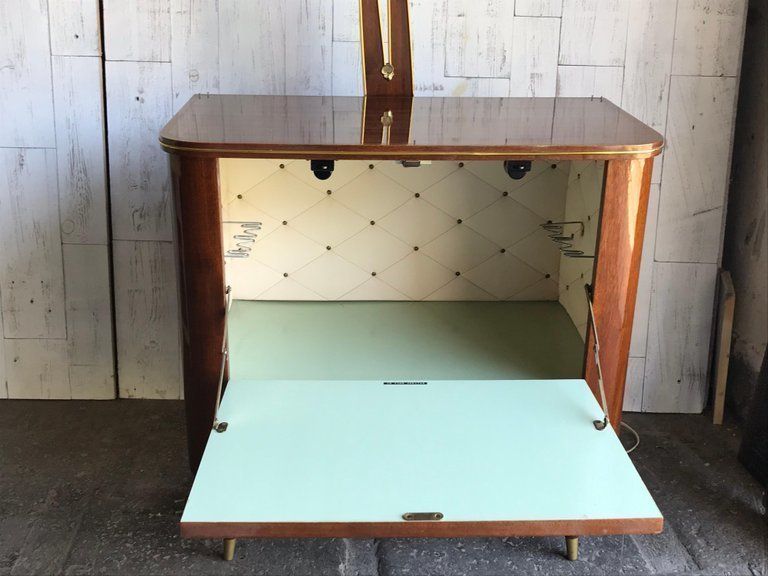 photo for sale Art Deco 1950s Walnut Drinks Bar Cocktail Liquor Cabinet With Lamp Stand