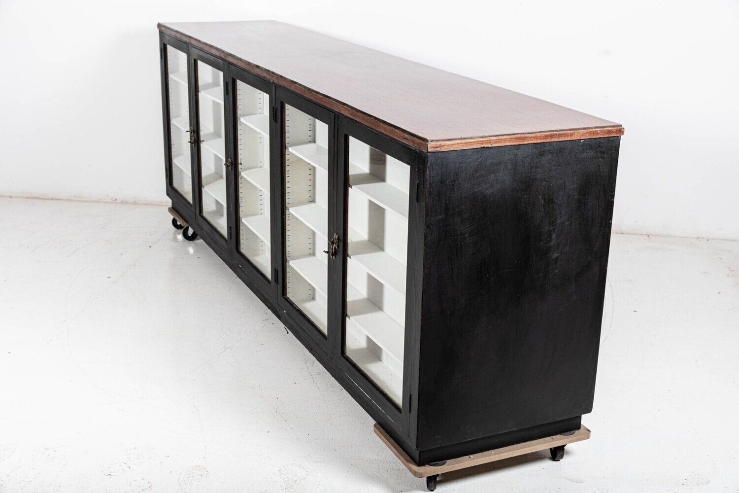 Monumental 19thc English Ebonised Mahogany Glazed Apothecary Shop Counter