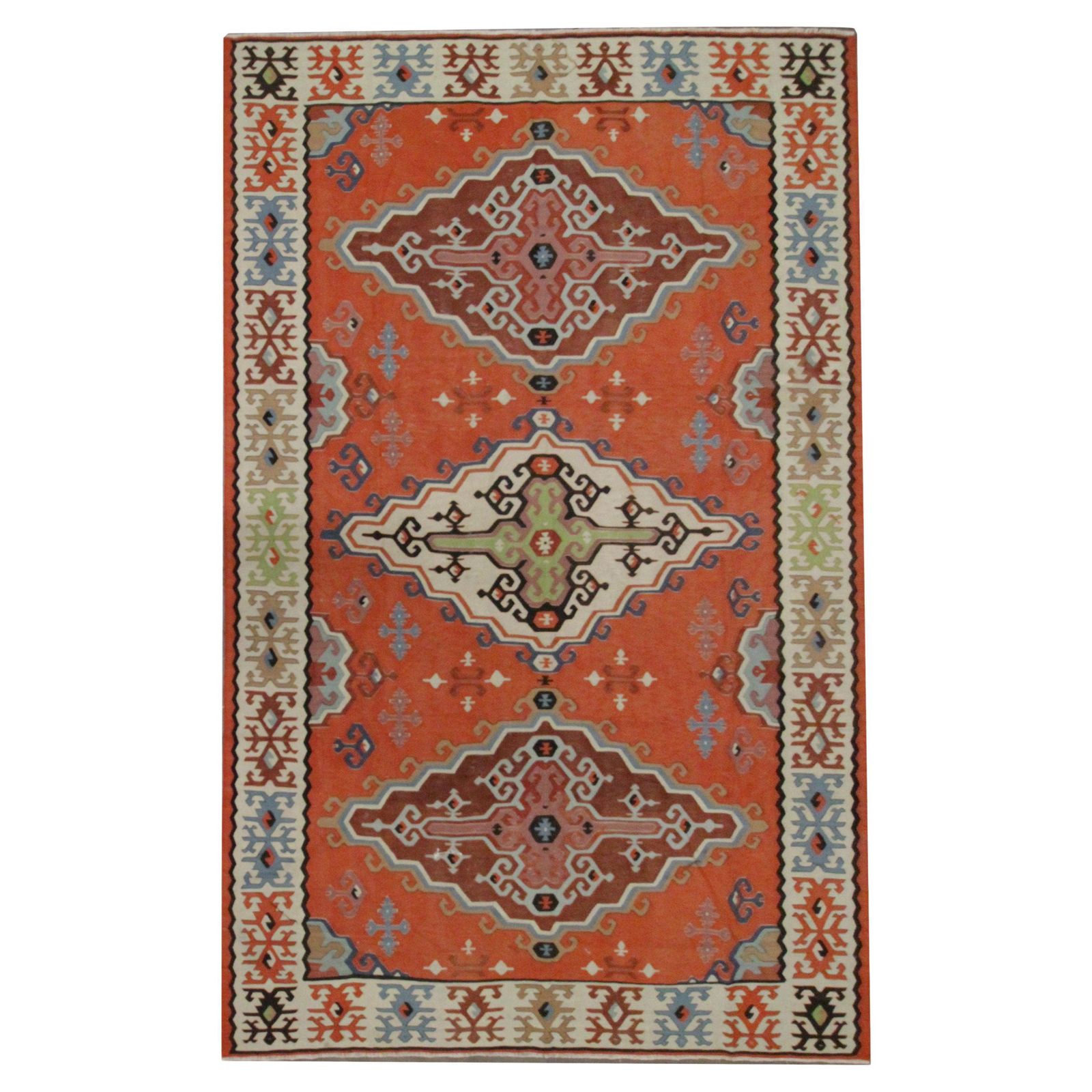 Antique Serbian Kilim Handwoven Geometric Rust Wool Living Room Rug