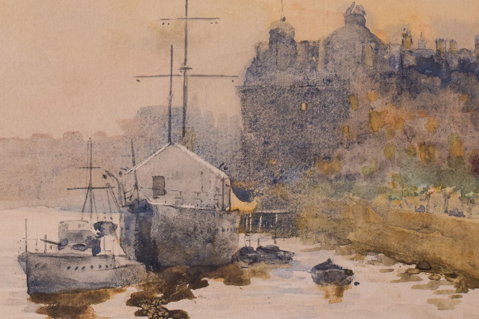 Impressionistisch Aquarel – 'Off Temple Pier', Londen photo Kunst