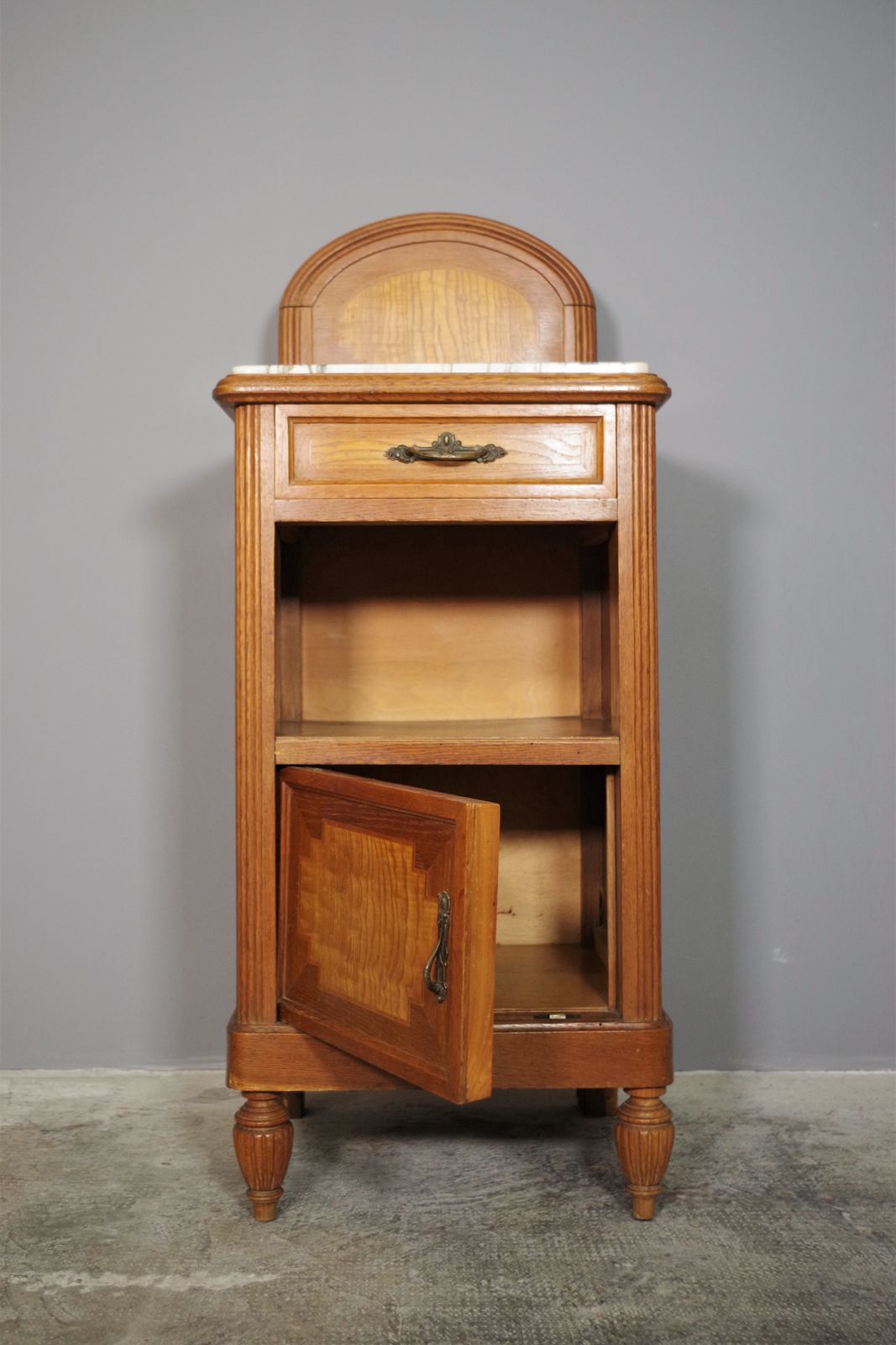 Bedside Table Of The 40s / 50s In Cherry And Beech Wood, With Marble Top And Two Brass Handles. photo furniture