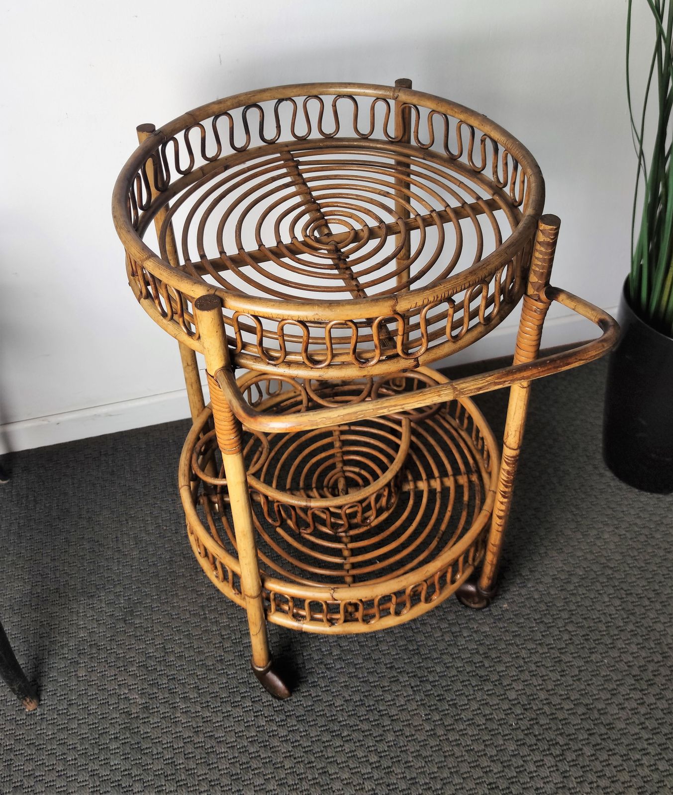 1960s Italian Bamboo Rattan Bohemian French Riviera Round Serving Bar Cart photo furniture
