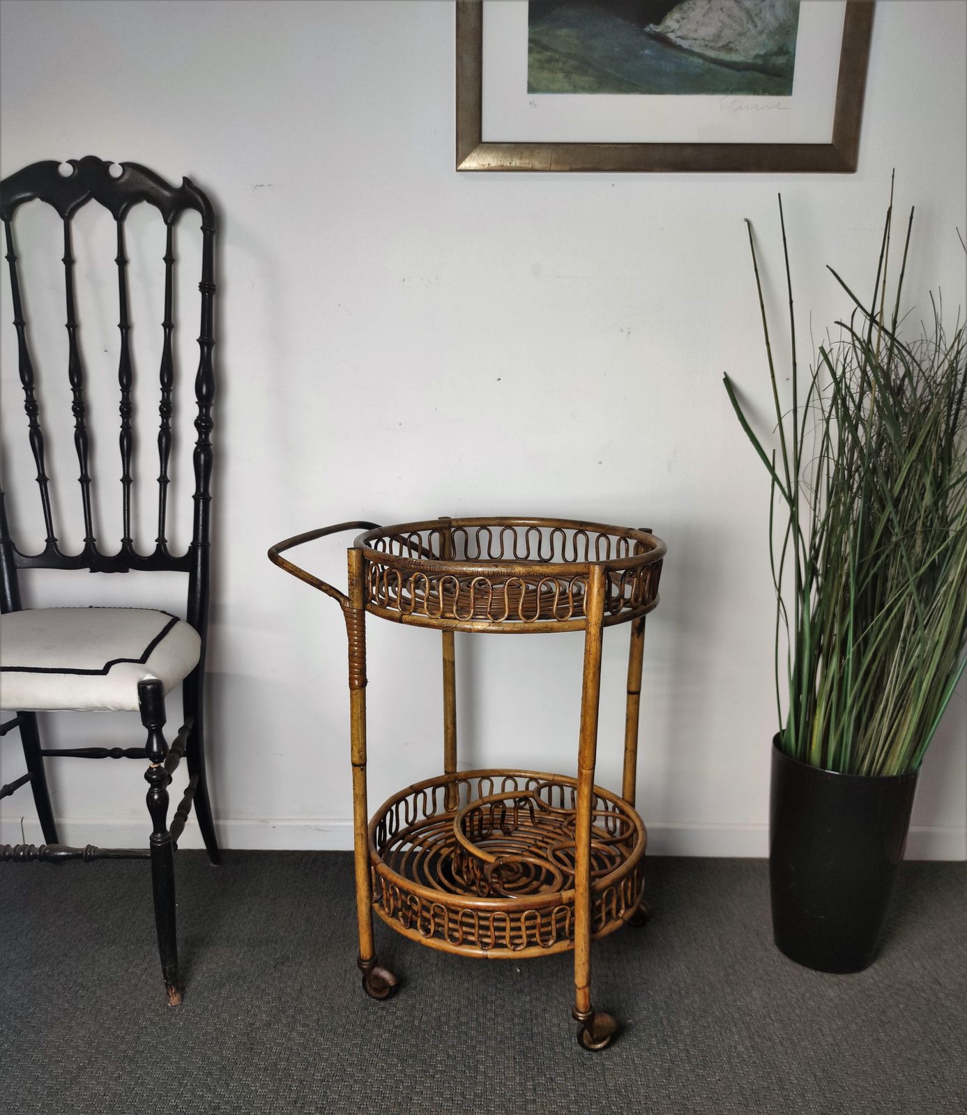1960s Italian Bamboo Rattan Bohemian French Riviera Round Serving Bar Cart photo vintage