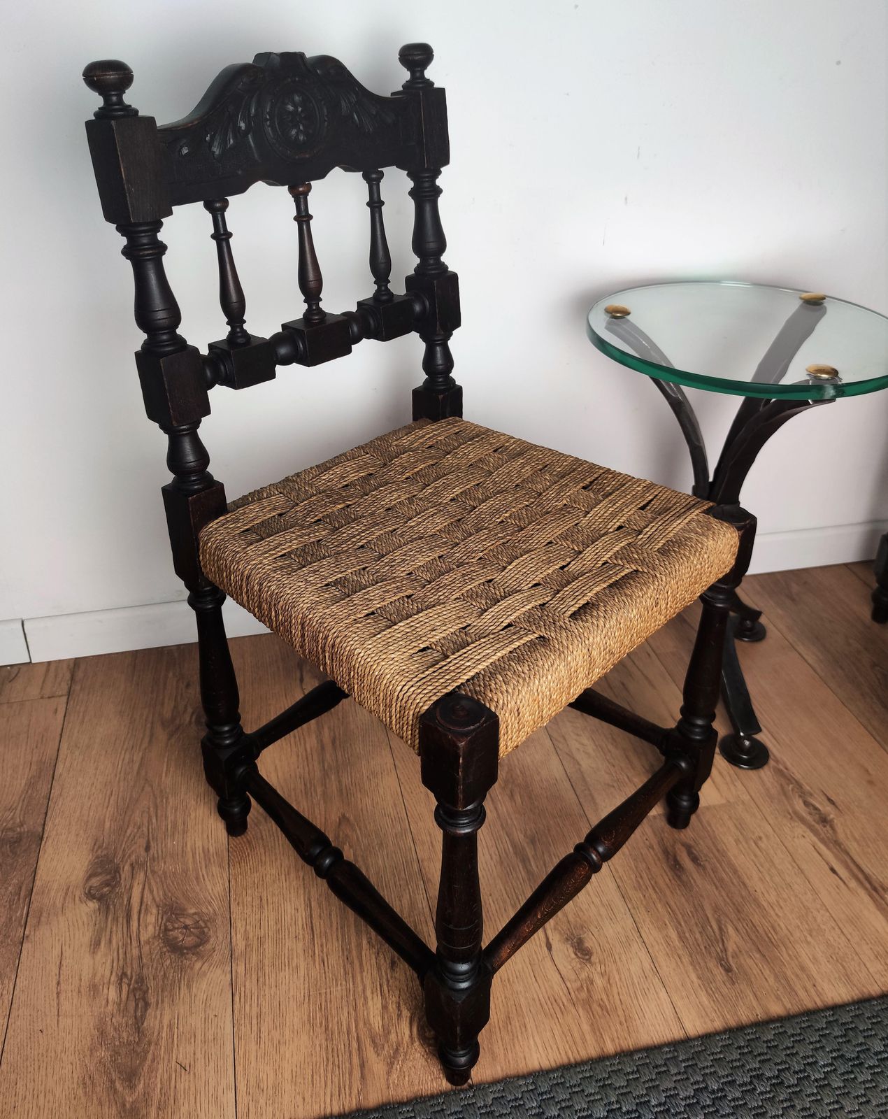 Pair Of 1960s Italian Midcentury Carved Wood And Cord Woven Rope Chairs Stools photo for sale