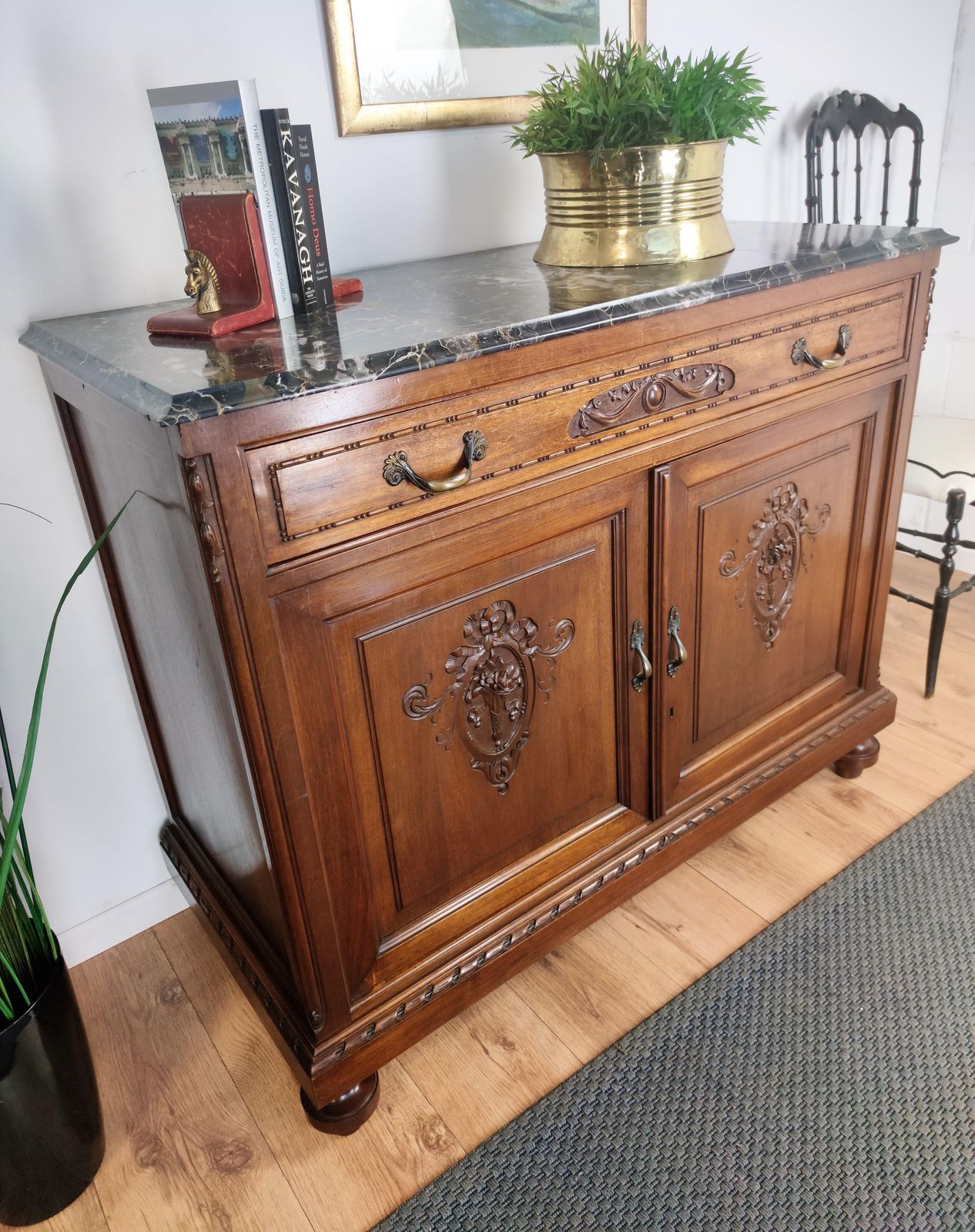 Antique Italian Walnut Brass And Marble Top Chest Of Drawers Commode Credenza photo furniture