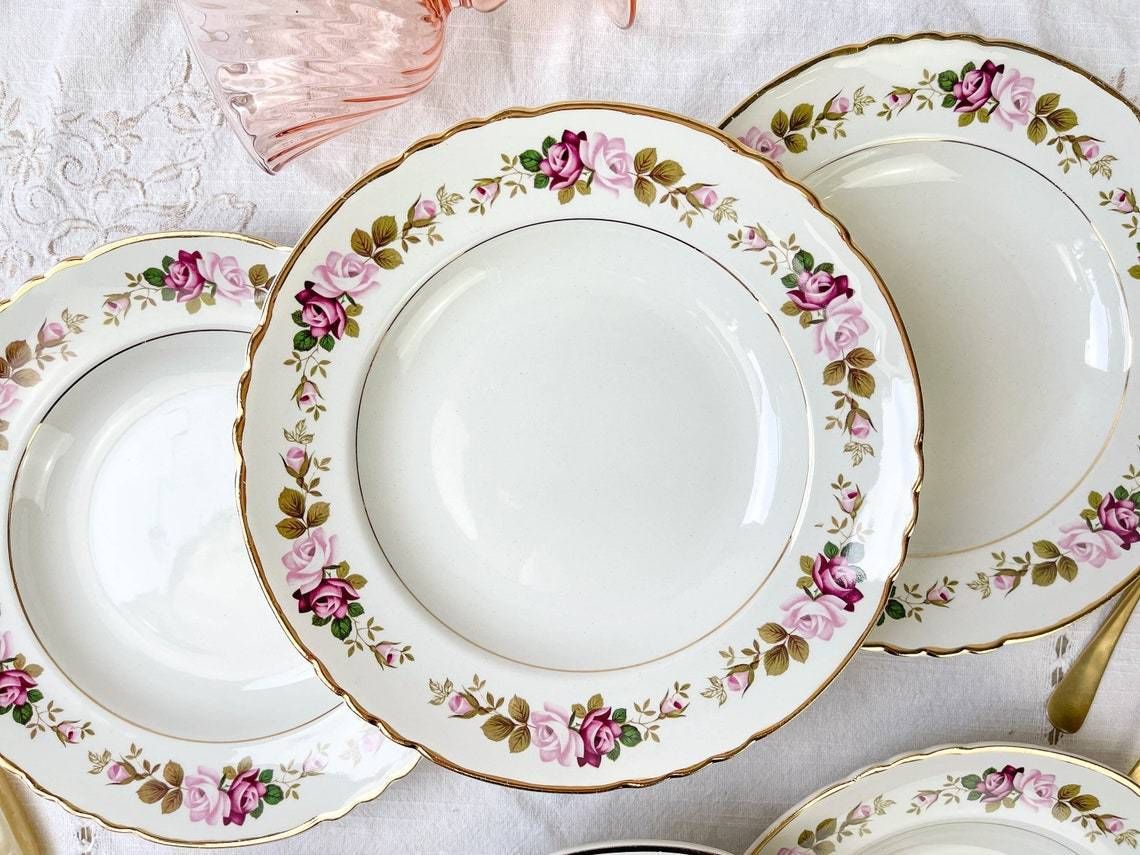 6 Soup Plates In Flowered Earthenware Moulin Des Loups Model "Amboise" Vintage ~ Plates Pink Flowers ~ French Vintage Tableware Flower photo for sale