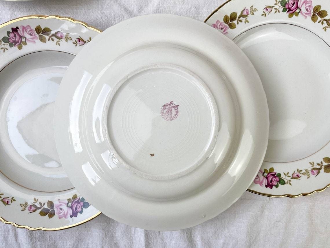 6 Soup Plates In Flowered Earthenware Moulin Des Loups Model "Amboise" Vintage ~ Plates Pink Flowers ~ French Vintage Tableware Flower photo vinterior