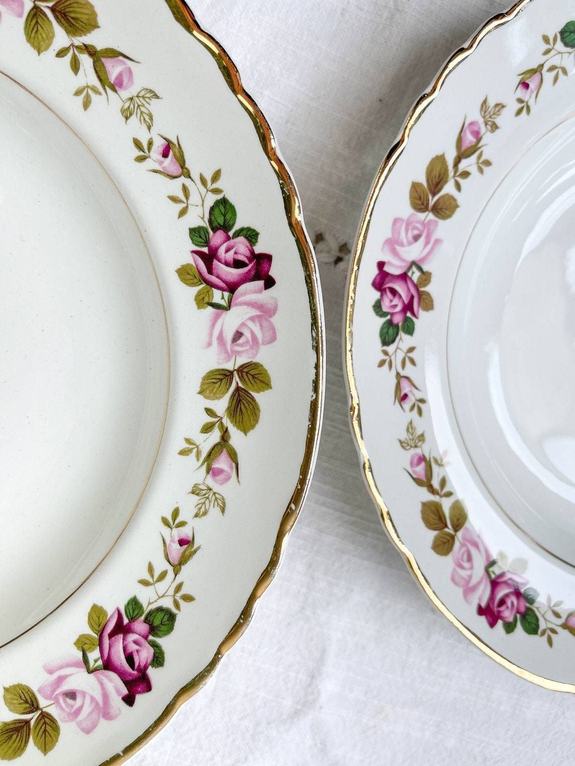 6 Soup Plates In Flowered Earthenware Moulin Des Loups Model "Amboise" Vintage ~ Plates Pink Flowers ~ French Vintage Tableware Flower photo buy
