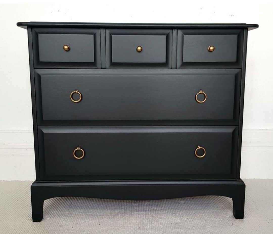 photo furniture Stag Minstrel Painted Bedroom Set, Black Bedside Cabinets, Black Tallboy, Lowboy And & Chest Of Drawers.