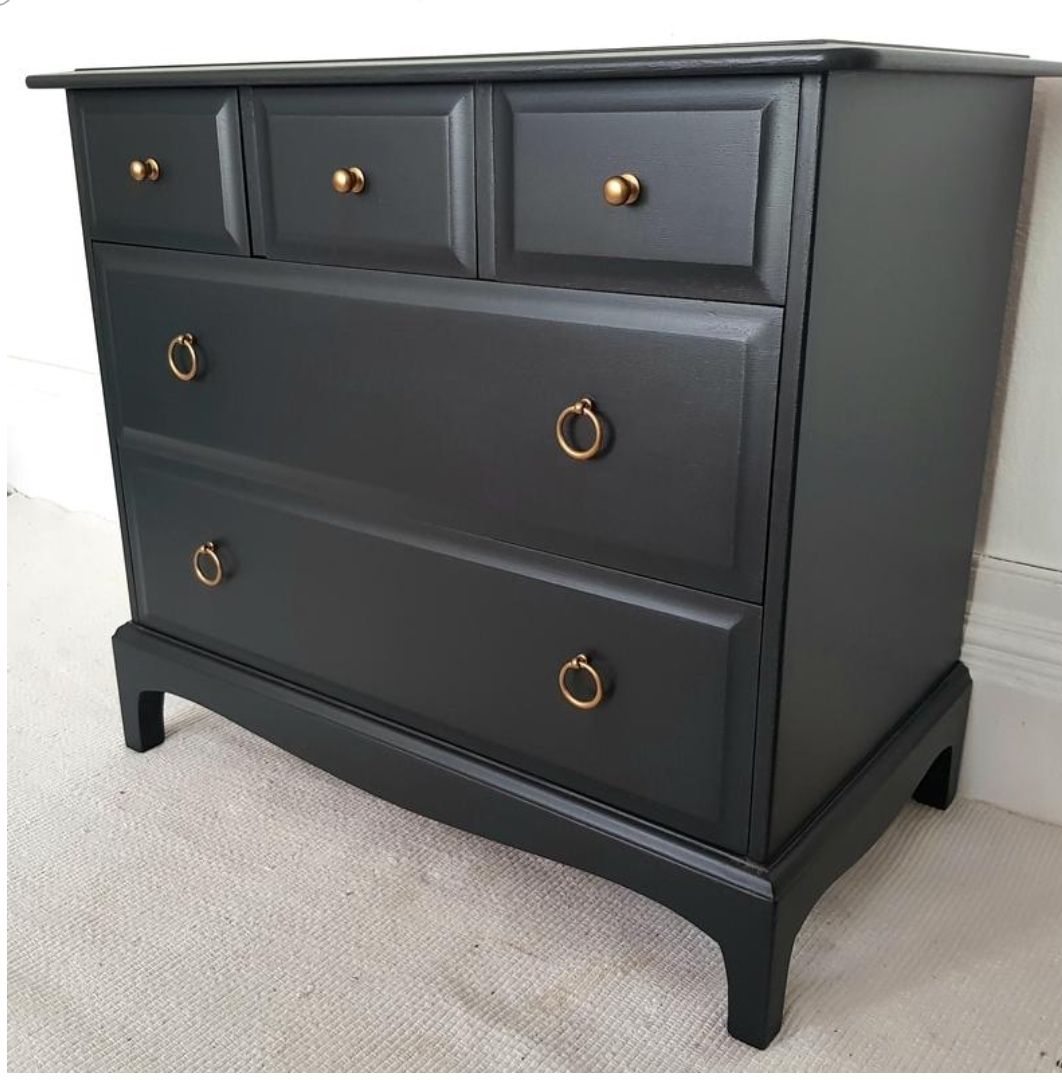 photo for sale Stag Minstrel Painted Bedroom Set, Black Bedside Cabinets, Black Tallboy, Lowboy And & Chest Of Drawers.