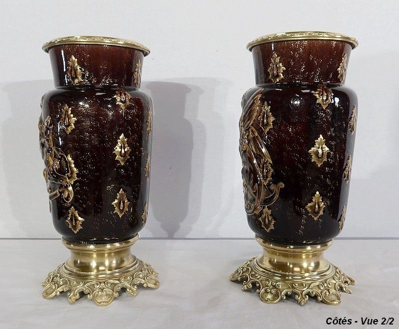 photo vintage Pair Of Earthenware And Bronze Vases, By E. Gilles   2nd Half Of The 19th Century