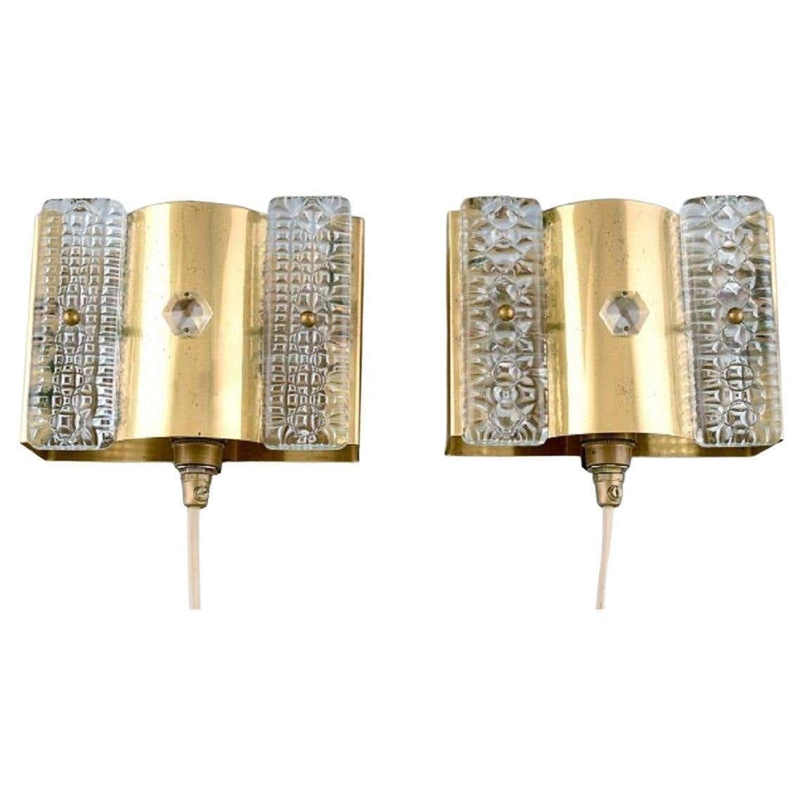 Pair Of Wall Lamps Made Of Brass And Art Glass, Danish Design, 1970s