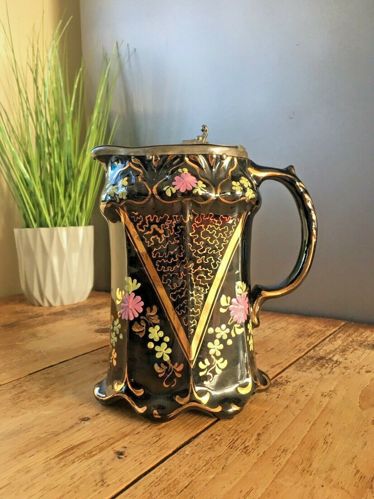Victorian Jackfield Floral Gilded Pewter Lidded Hot Water Jug Gibsons Jetware
