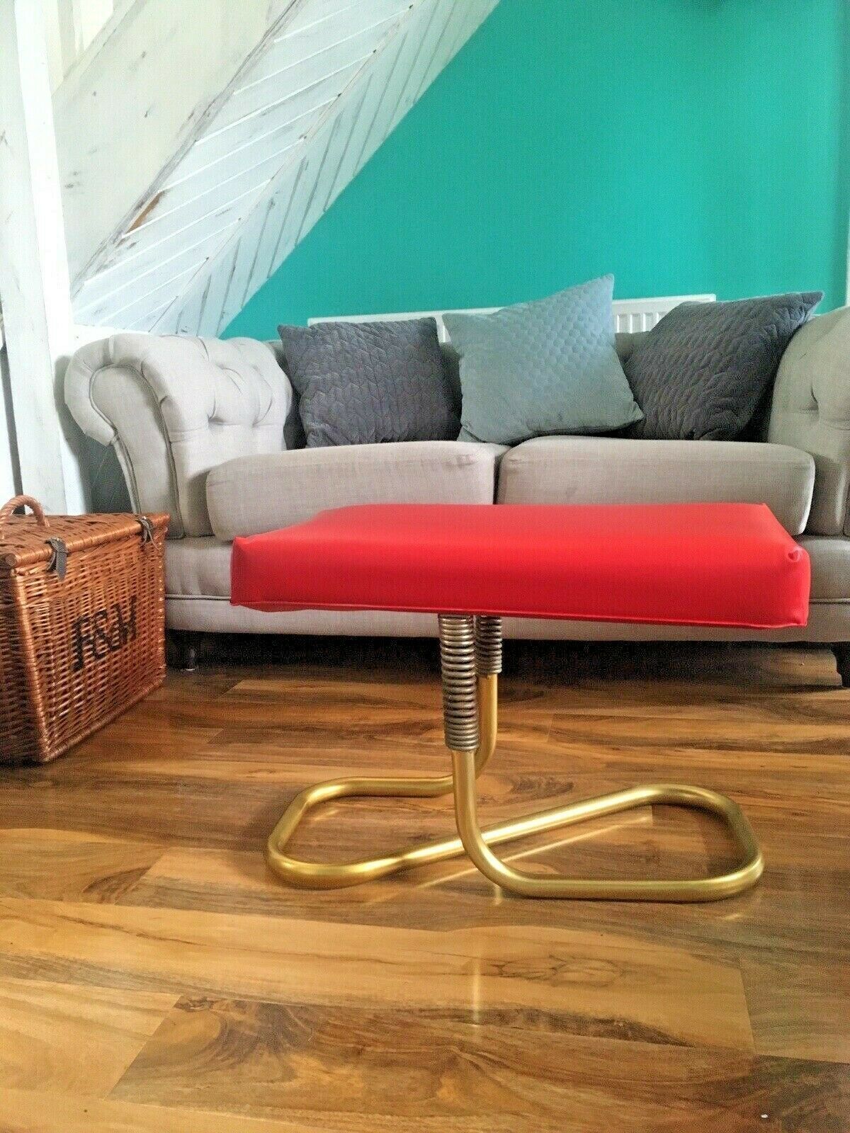 Stylish Mid Century 1960's Automatic Restaleg Red Vinyl Foot Stool Pouffe 70's photo furniture