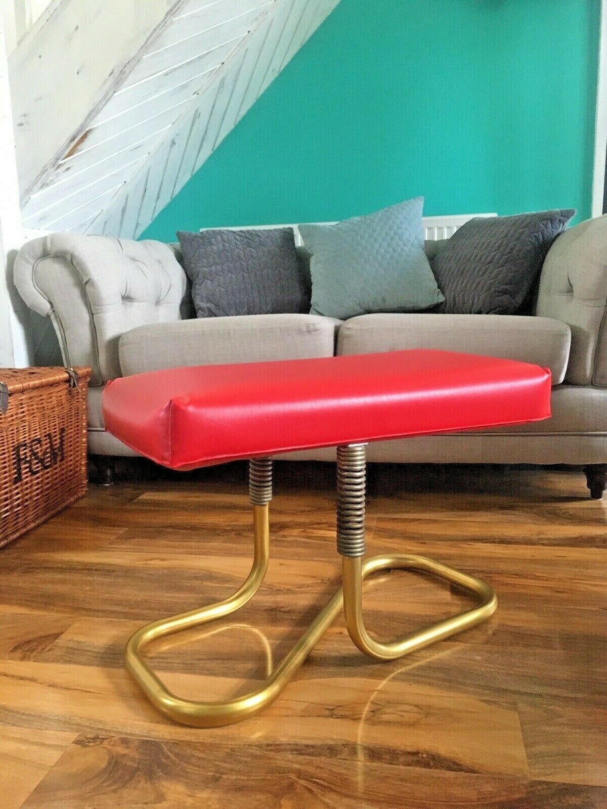Stylish Mid Century 1960's Automatic Restaleg Red Vinyl Foot Stool Pouffe 70's photo Furniture