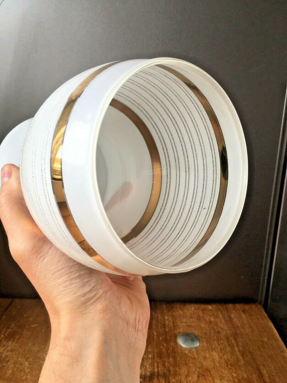 Retro 70's White Glass Gold Bands Striped Light Lamp Shade Mid Century Modern photo vintage