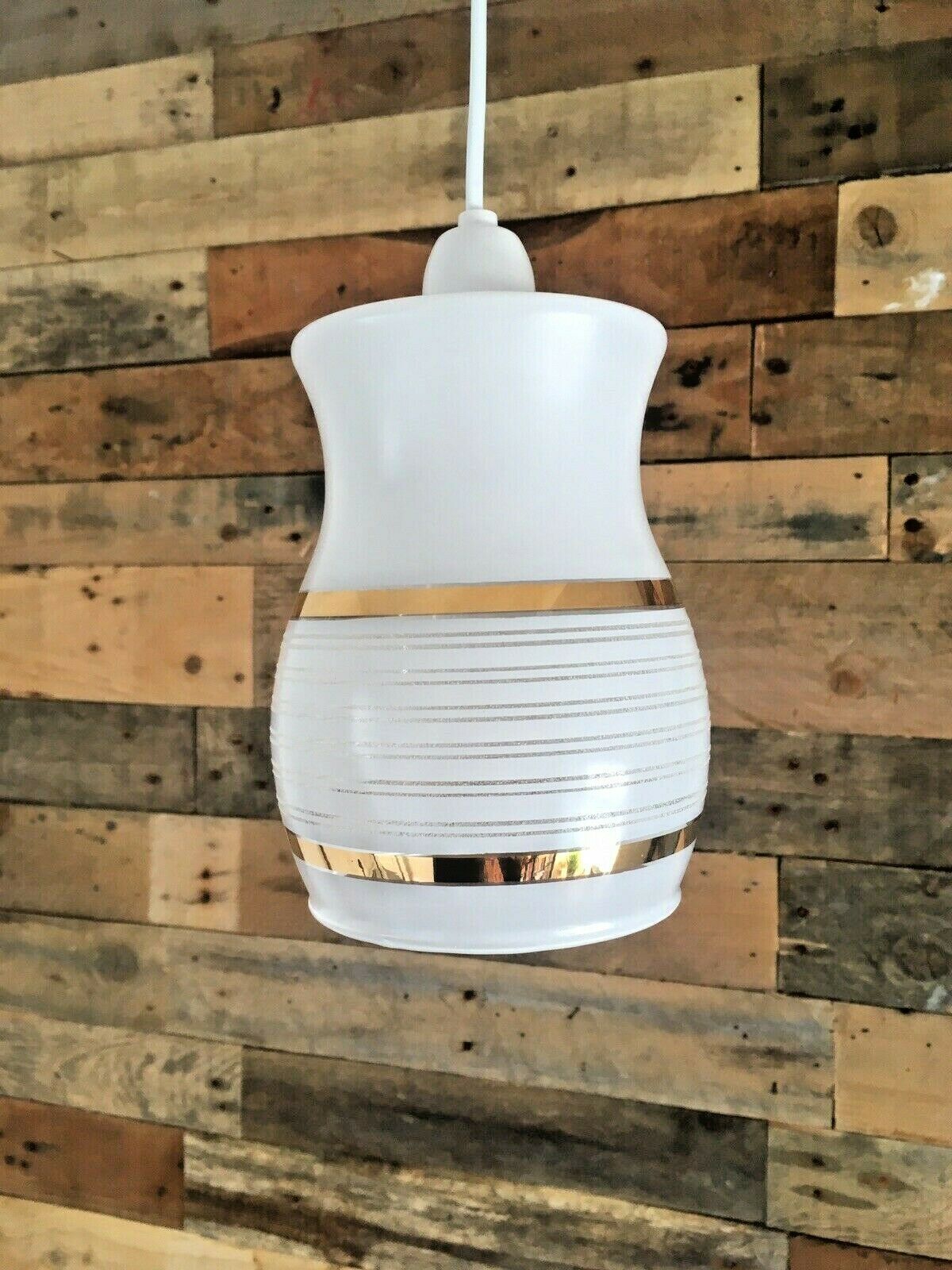 photo furniture Retro 70's White Glass Gold Bands Striped Light Lamp Shade Mid Century Modern