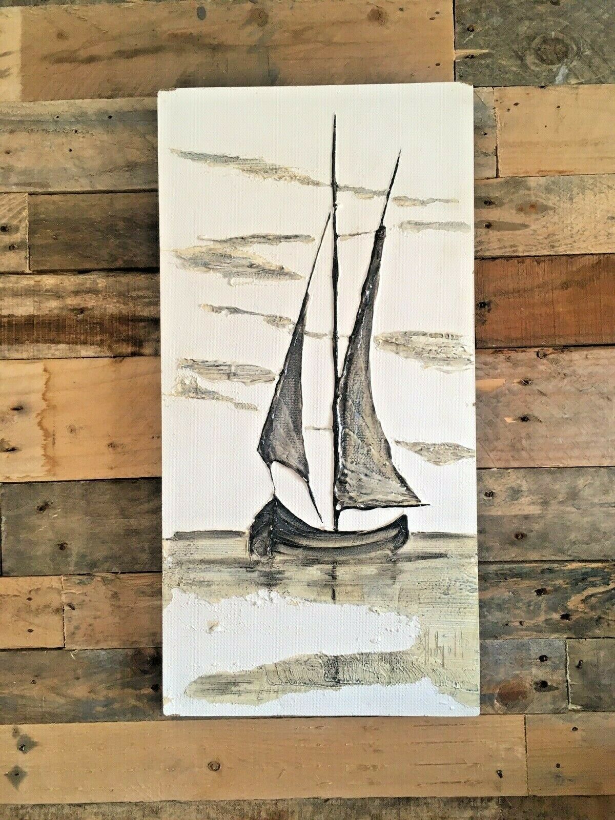 Large Mid Century 60's Sailboat Oil Painting Grey Clouds Seascape Abstract Art