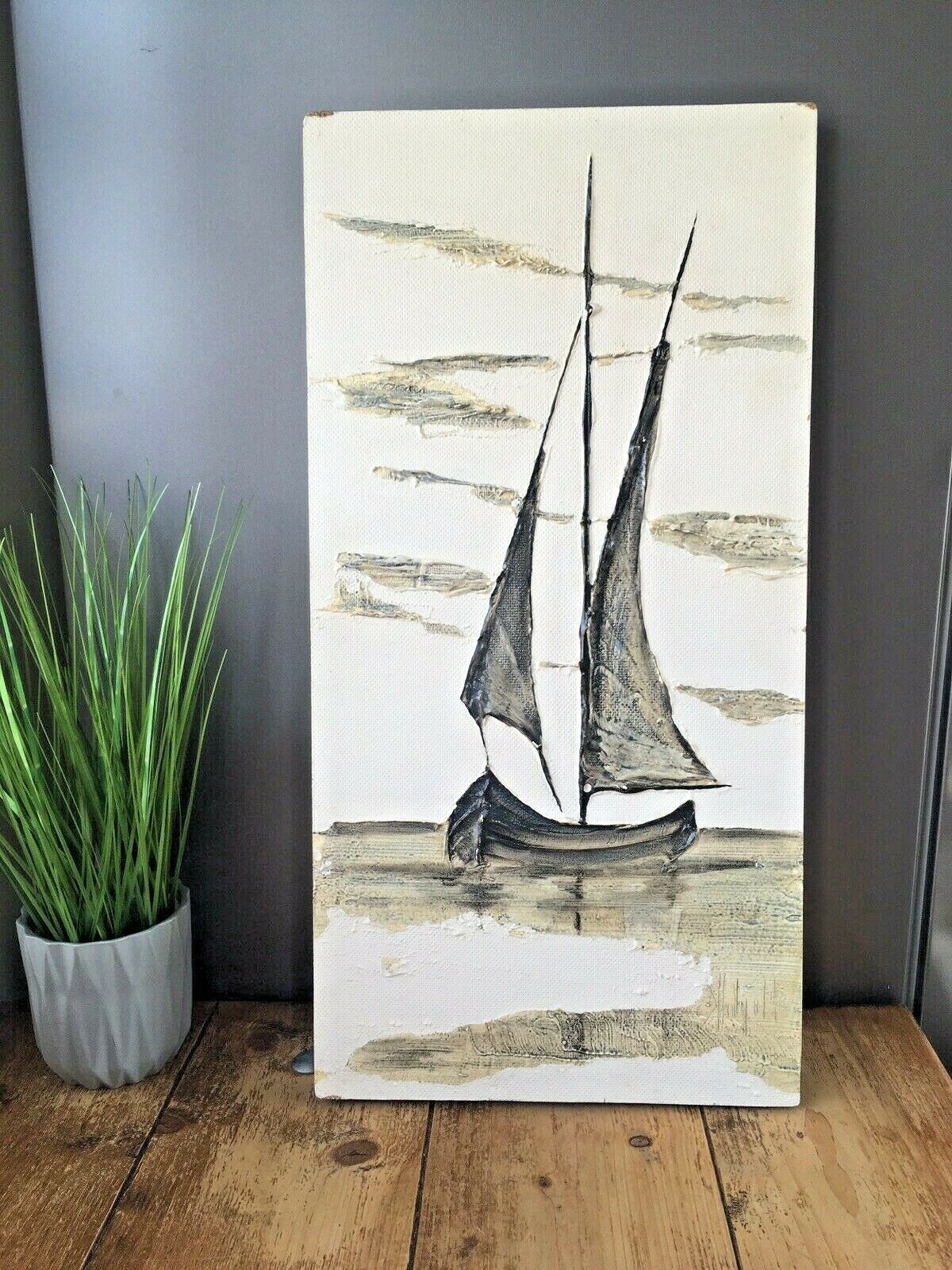 Large Mid Century 60's Sailboat Oil Painting Grey Clouds Seascape Abstract Art photo for sale