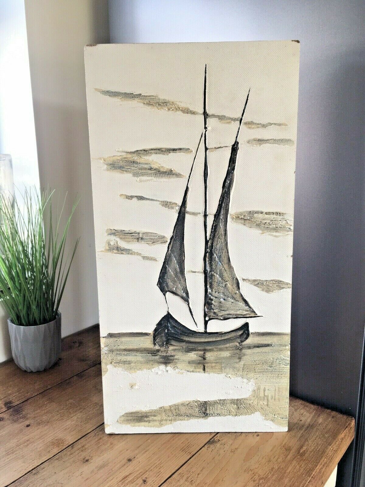 Large Mid Century 60's Sailboat Oil Painting Grey Clouds Seascape Abstract Art photo vintage