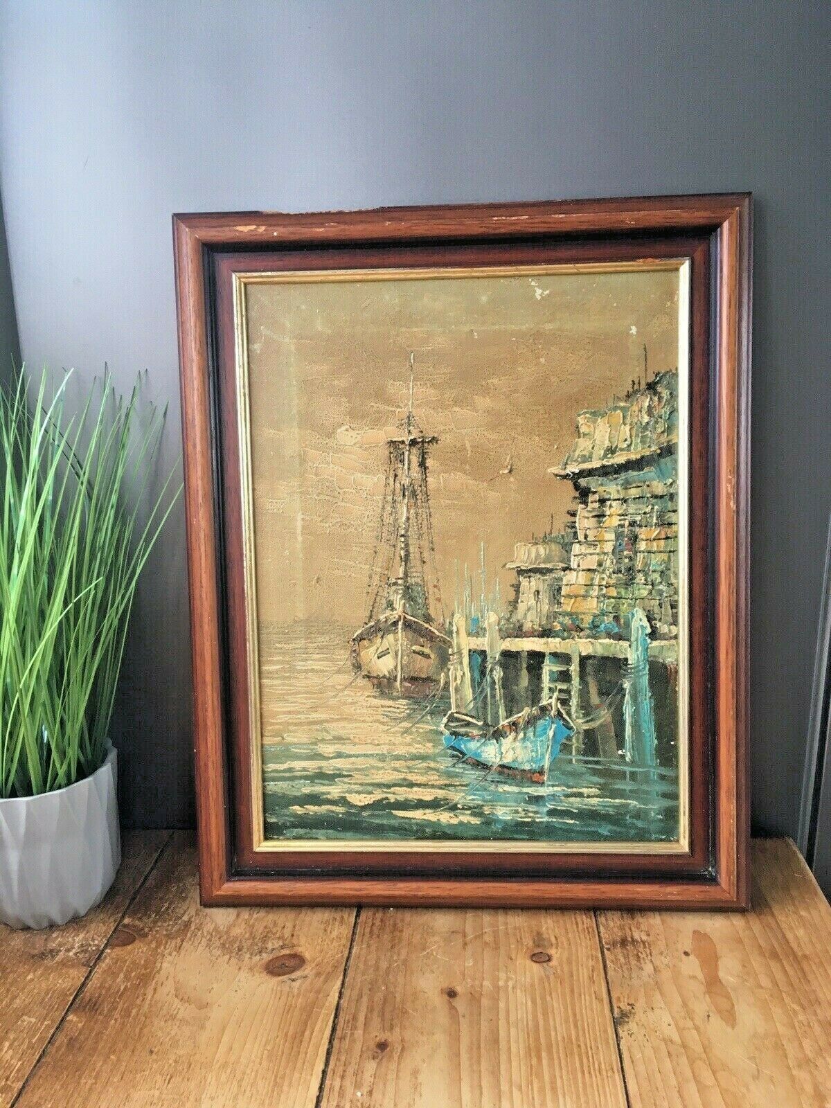 Large Mid Century 60's Sailboat Oil Painting Harbour Port Seascape Abstract Art photo furniture