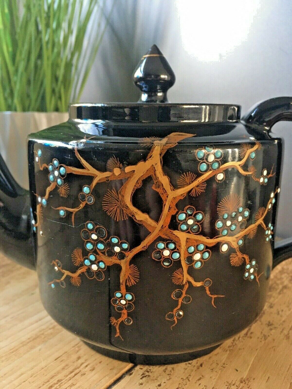 Victorian Gibsons Blue Floral Gold Tree Oriental Indian Teapot Jackfield Jetware photo furniture