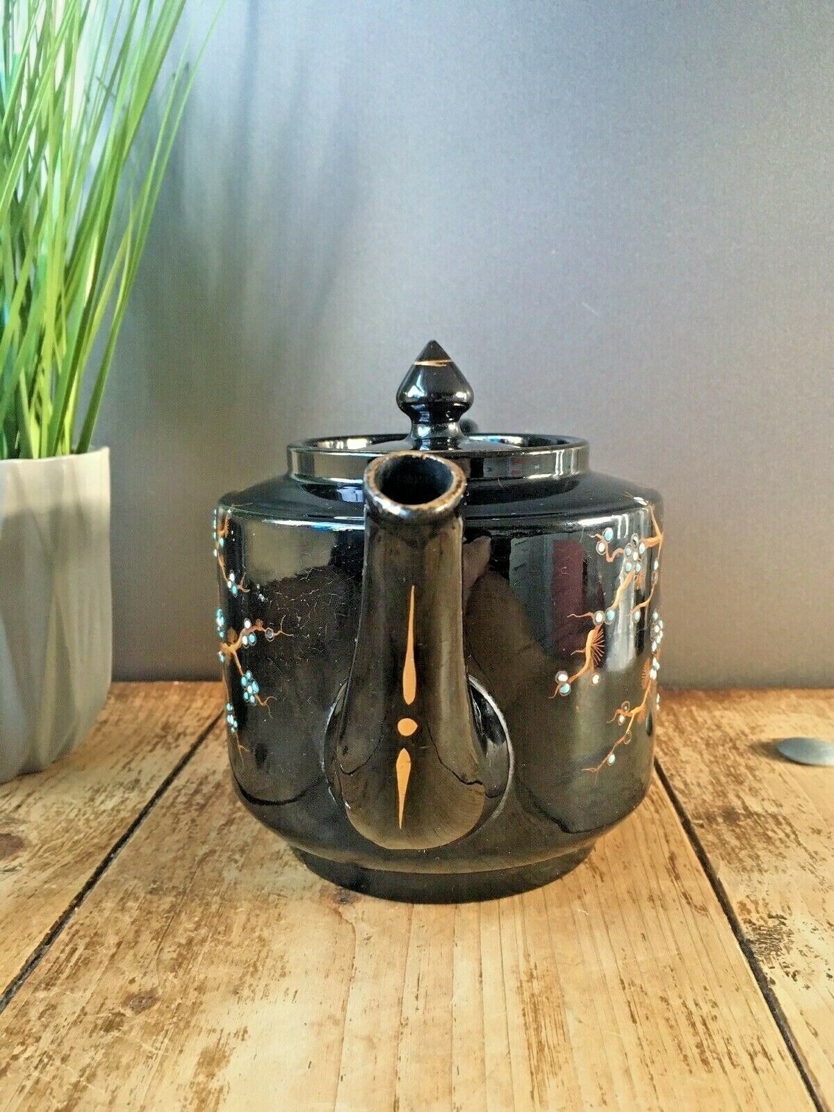 Victorian Gibsons Blue Floral Gold Tree Oriental Indian Teapot Jackfield Jetware photo 50.0