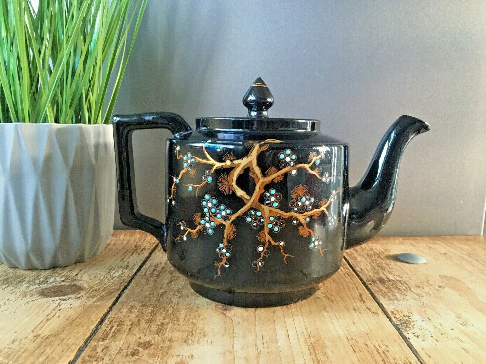 Victorian Gibsons Blue Floral Gold Tree Oriental Indian Teapot Jackfield Jetware photo vinterior