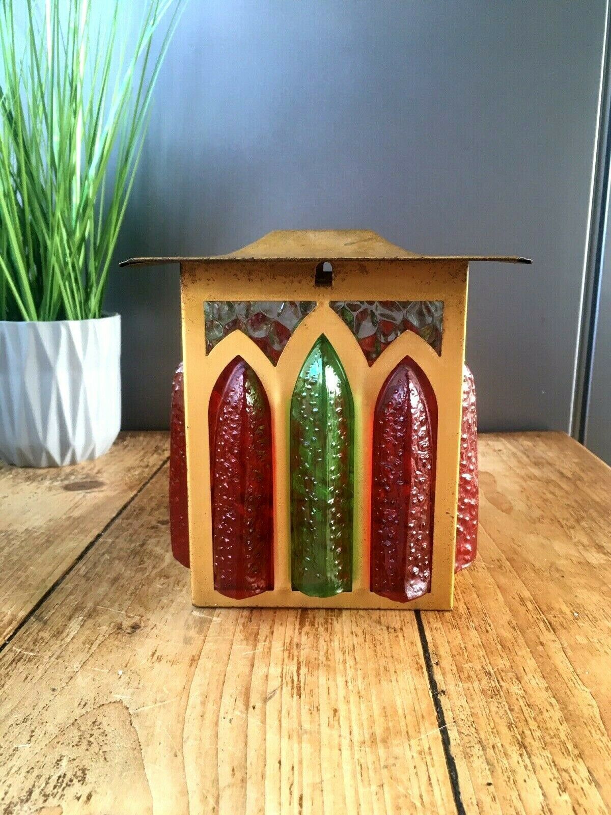 Superb Mid Century Hanging Lantern Faux Stained Glass Ceiling Light Lamp Shade photo Lighting