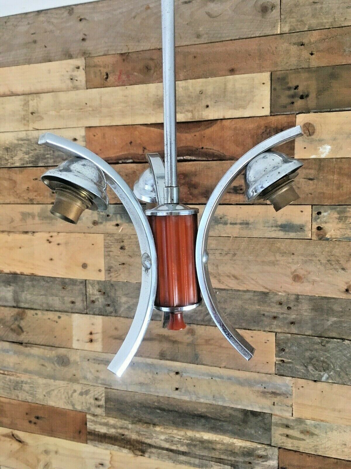 photo furniture Mid Century Modern 60s Chrome & Lucite 3 Arm Arched Ceiling Light Italian Danish